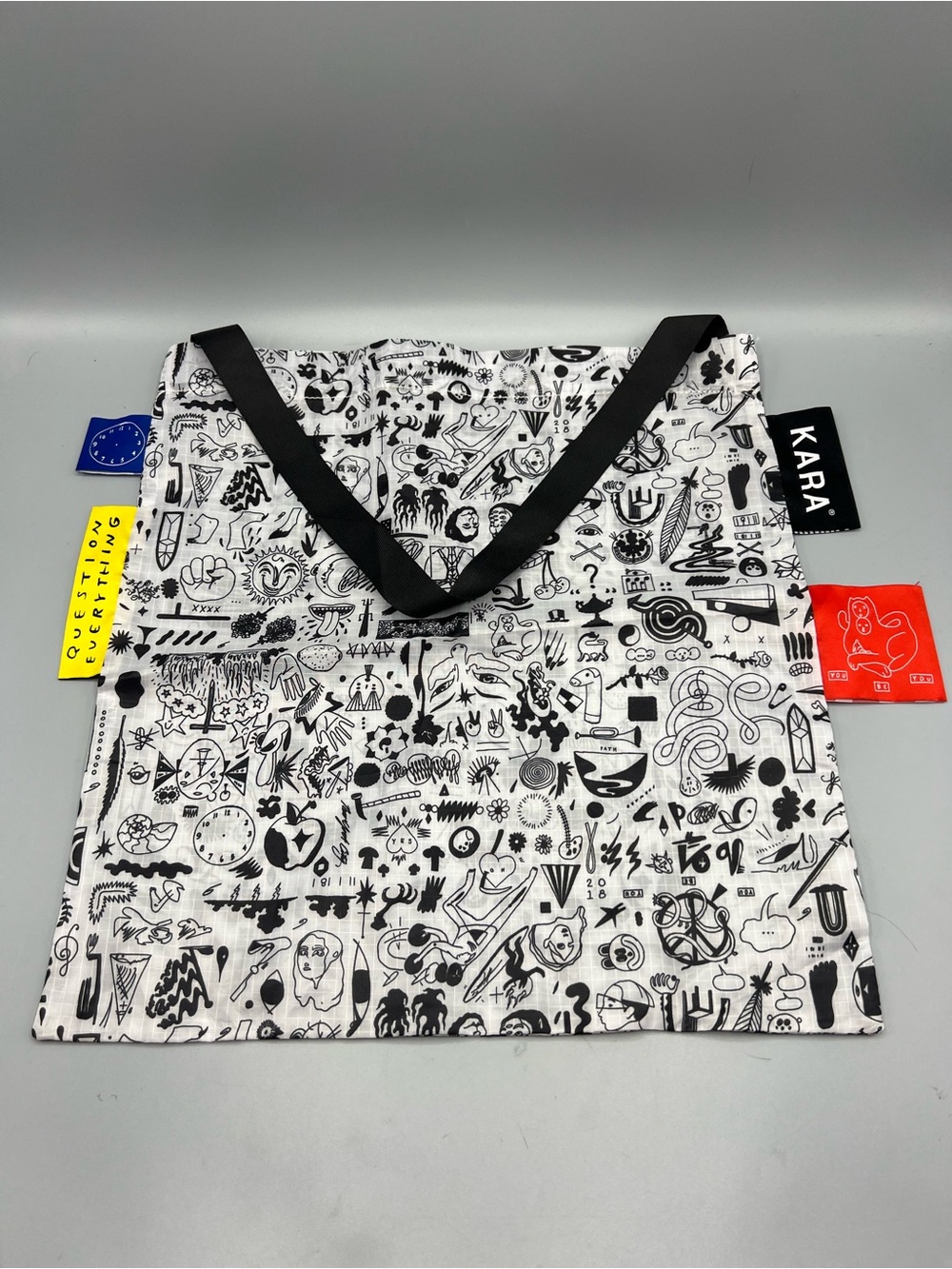 KARA Black White Doodle Graphic Print Tote Bag Question Everything Streetwear